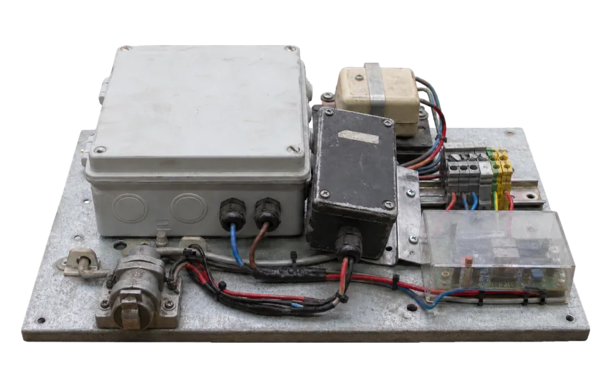A bulky improvised field controller assembled on a steel plate from mismatched junction boxes, exposed terminals, brackets, relays and patched wiring.