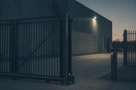 A motorised sliding steel gate closed across the entrance to a commercial yard at dusk, with a credential reader on a pedestal beside it.