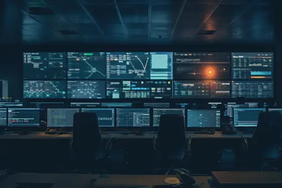 A dim operations control room seen from behind empty desks, a wall of monitors glowing with dashboards and maps.